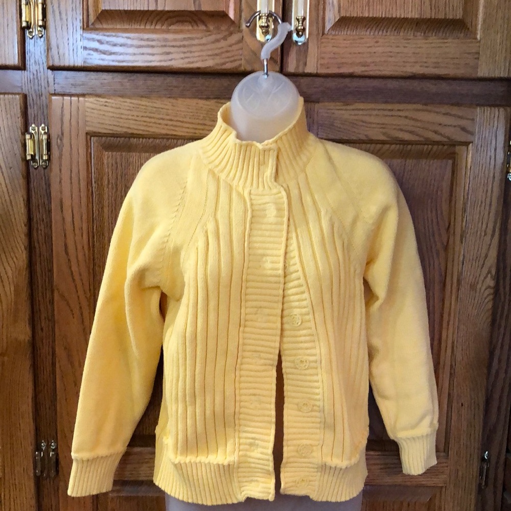 Coldwater Creek Yellow Sweater. Hidden snaps closure on front. Ribbed cuffs/hem.